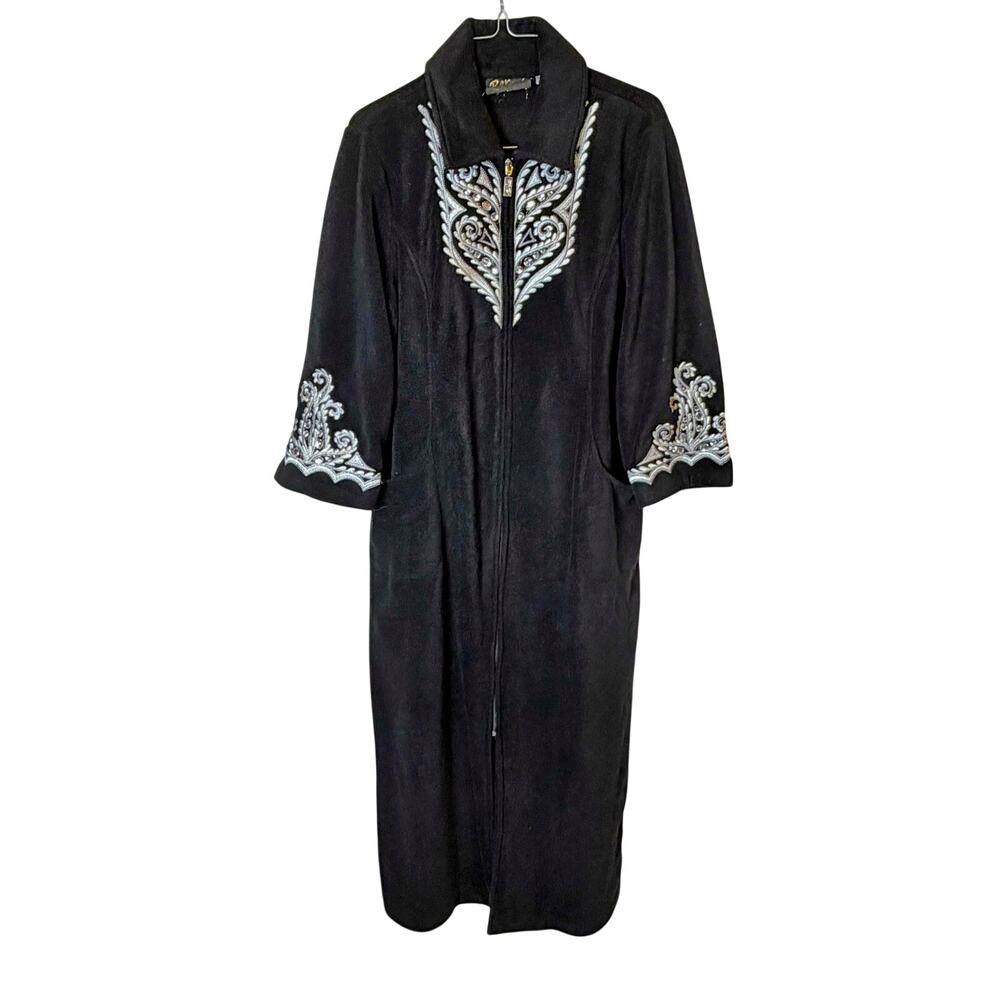 Bob Mackie Wearable Art Black Embroidered Robe Lounge Coat House Dress S Glam